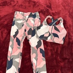 Ellie Pink Gray Navy Leaf-Print Active Set - Sports Bra + Leggings Size S